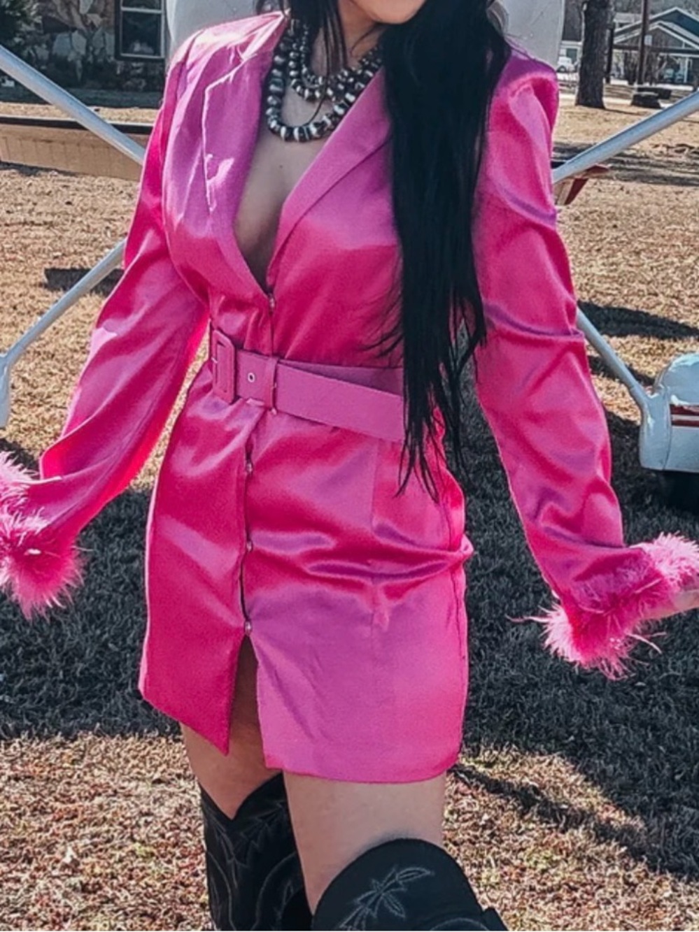 Fuchsia Hot Pink Satin Belted Blazer with Feather Cuffs